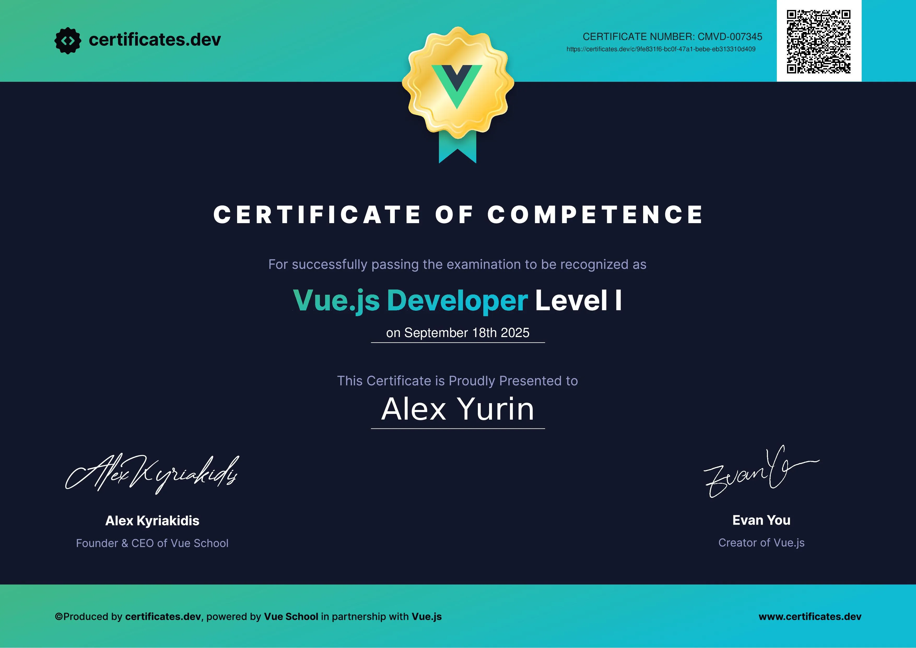 Alex Yurin — Certified Vue.js developer